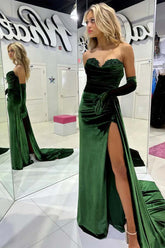 Emerald Green Mermaid Prom Dress Velvet Long Formal Gowns - MyChicDress